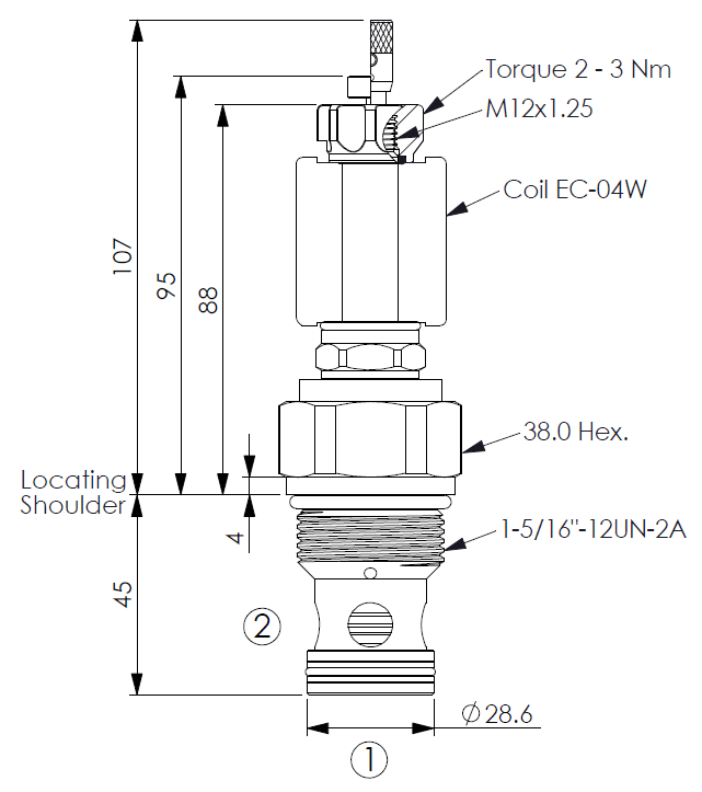 Pilot-Operated, Port 1 Blocked, Bidirectional Flow Energized